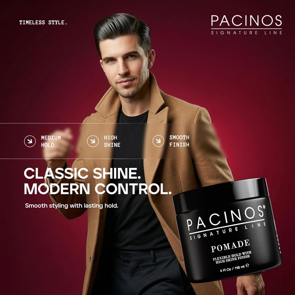 Side angle of the four ounce Pacinos pomade container highlighting the authentic imported branding