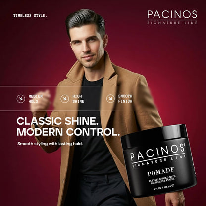 Side angle of the four ounce Pacinos pomade container highlighting the authentic imported branding
