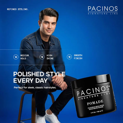 Pacinos pomade styling product being applied to create a classic men pompadour hairstyle