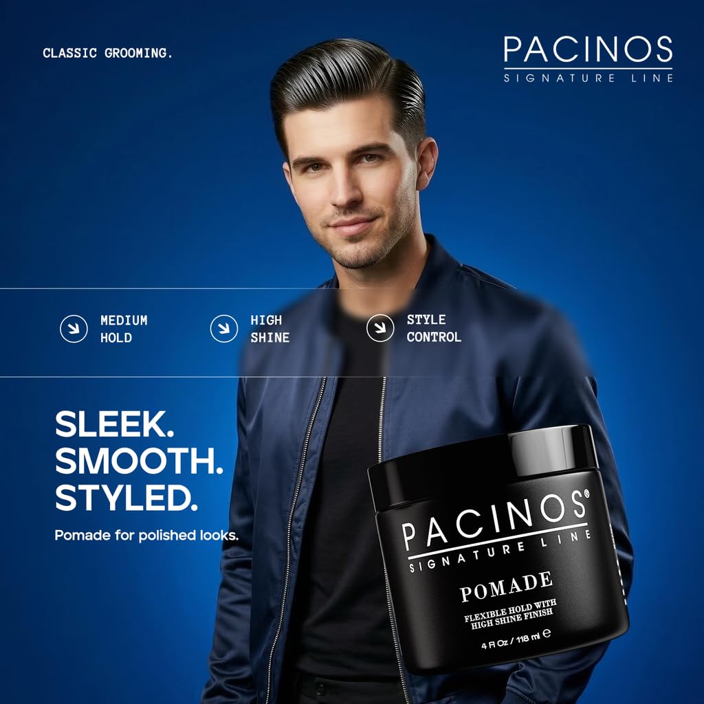 Pacinos premium men grooming product lineup featuring the four ounce high shine pomade tub