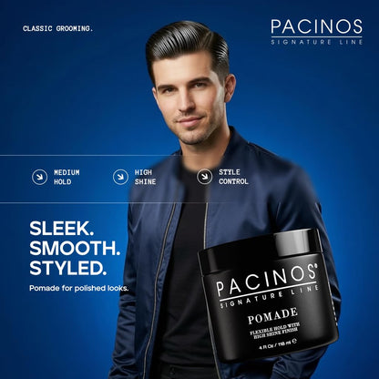 Pacinos premium men grooming product lineup featuring the four ounce high shine pomade tub