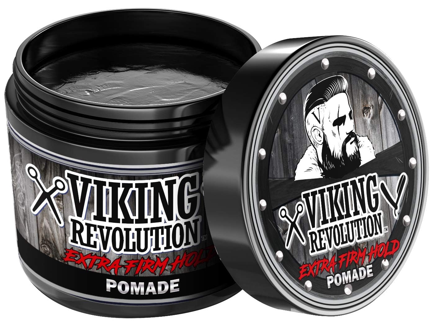 Viking Revolution 4 Ounce water based male grooming hair pomade packaging details.