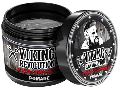 Viking Revolution 4 Ounce water based male grooming hair pomade packaging details.