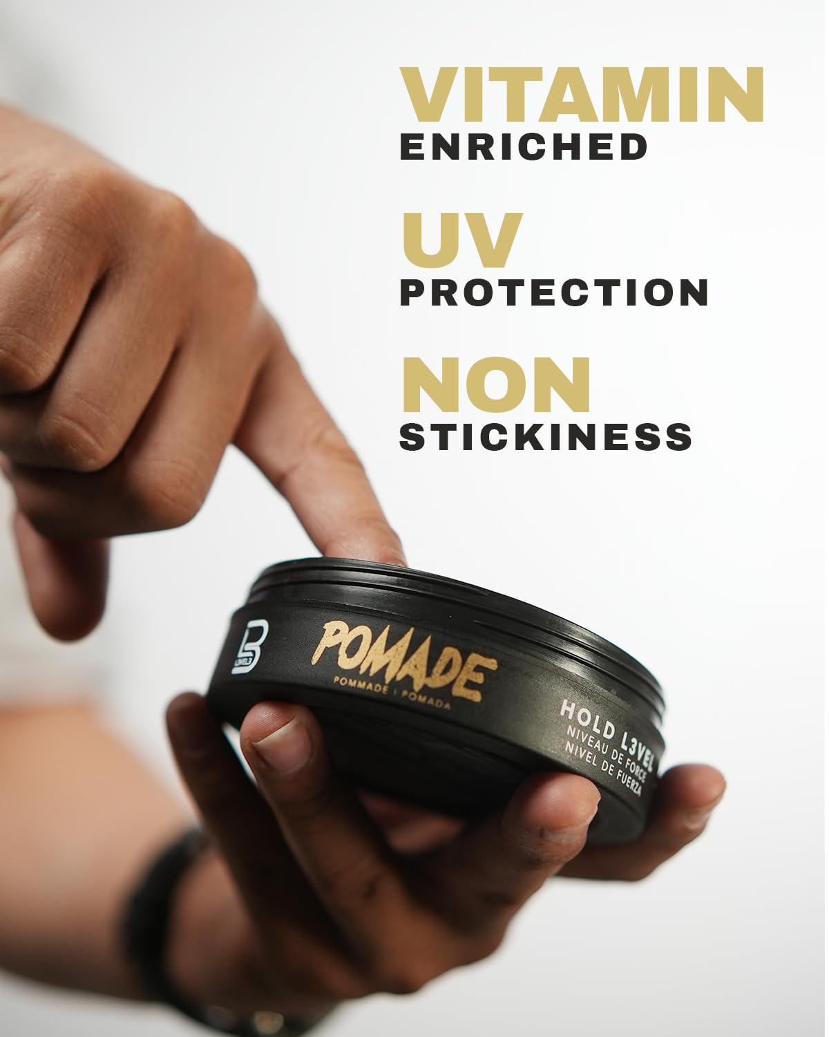 Side view of professional L3VEL3 men's styling pomade for extreme long lasting hold