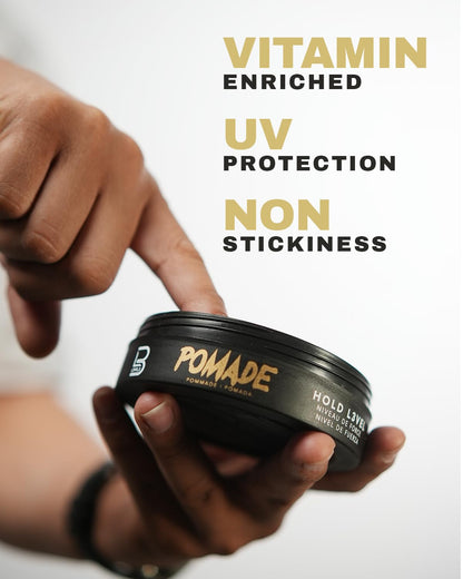 Side view of professional L3VEL3 men's styling pomade for extreme long lasting hold