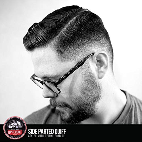 Premium imported Uppercut Deluxe water-based pomade tin for classic slicked hair styling.