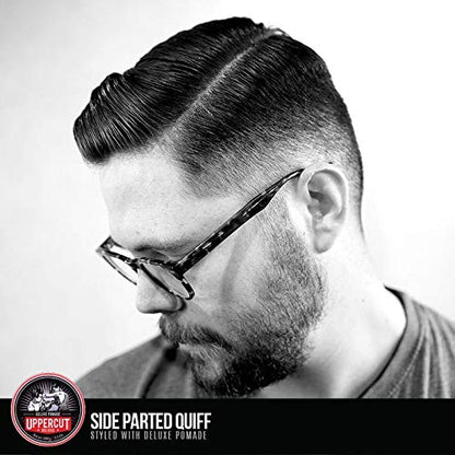 Premium imported Uppercut Deluxe water-based pomade tin for classic slicked hair styling.