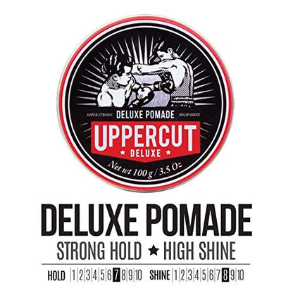 Full set of Uppercut Deluxe pomade 100g tins showcasing authentic imported labels.
