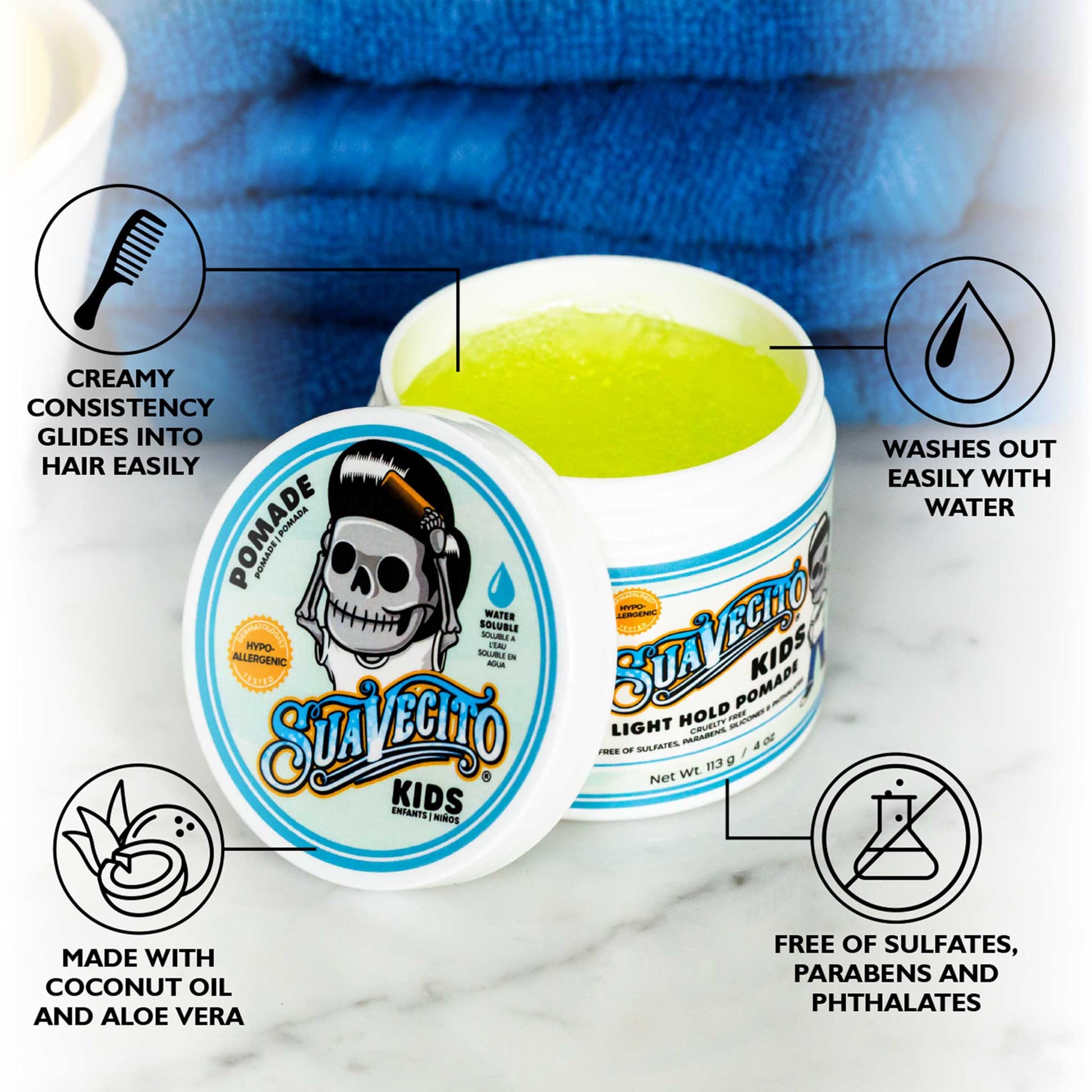 Suavecito kids hair pomade open container revealing texture of non toxic styling wax