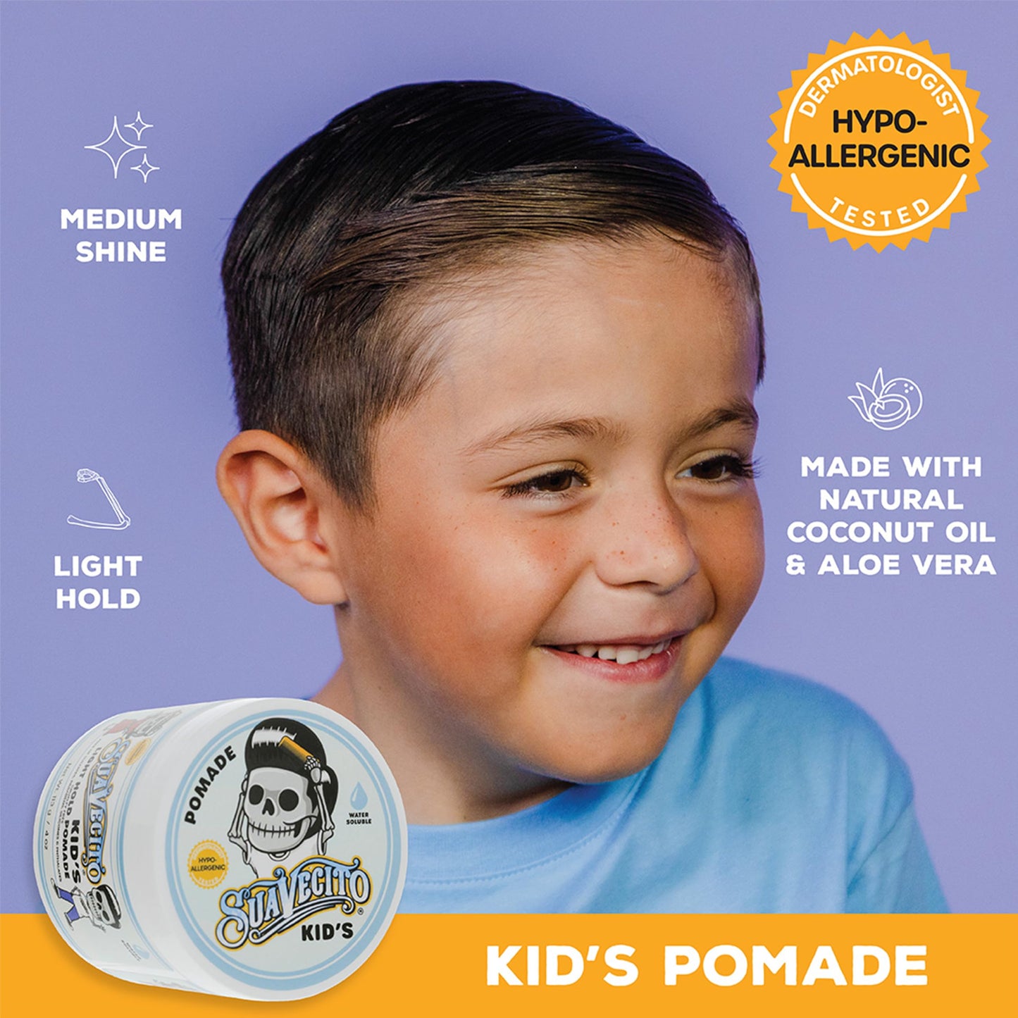 Suavecito chamomile scent child hair gel side view detailing four ounce volume size