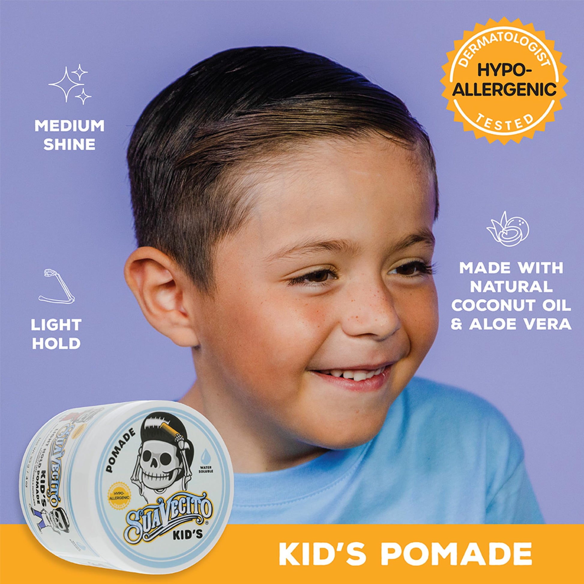 Suavecito chamomile scent child hair gel side view detailing four ounce volume size