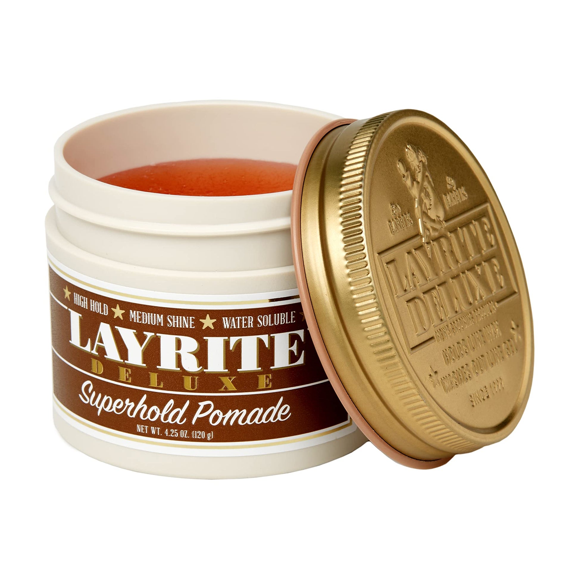 Authentic Layrite water based pomade container showing texture details for thick and curly grooming styles