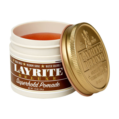 Authentic Layrite water based pomade container showing texture details for thick and curly grooming styles