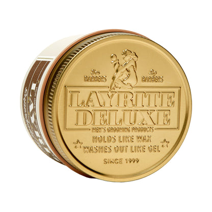 Premium USA imported Layrite super hold styling wax jar highlighting the medium shine formulation