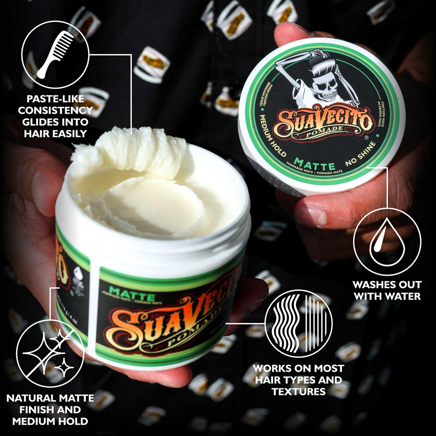 Suavecito Medium Hold pomade for men top angle view of grooming container