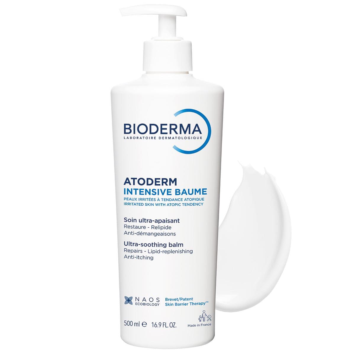 Bioderma Atoderm Intensive Baume 500ml side view detailing the ingredients list and Skin Barrier Therapy information