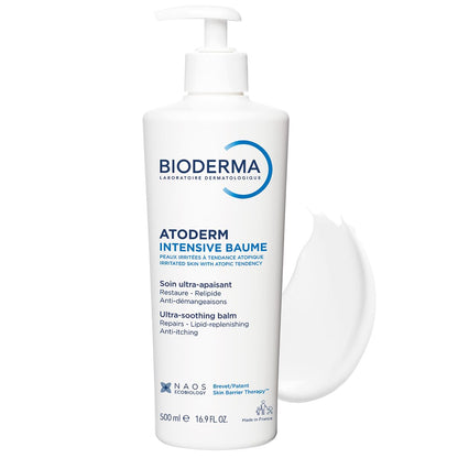 Bioderma Atoderm Intensive Baume 500ml side view detailing the ingredients list and Skin Barrier Therapy information
