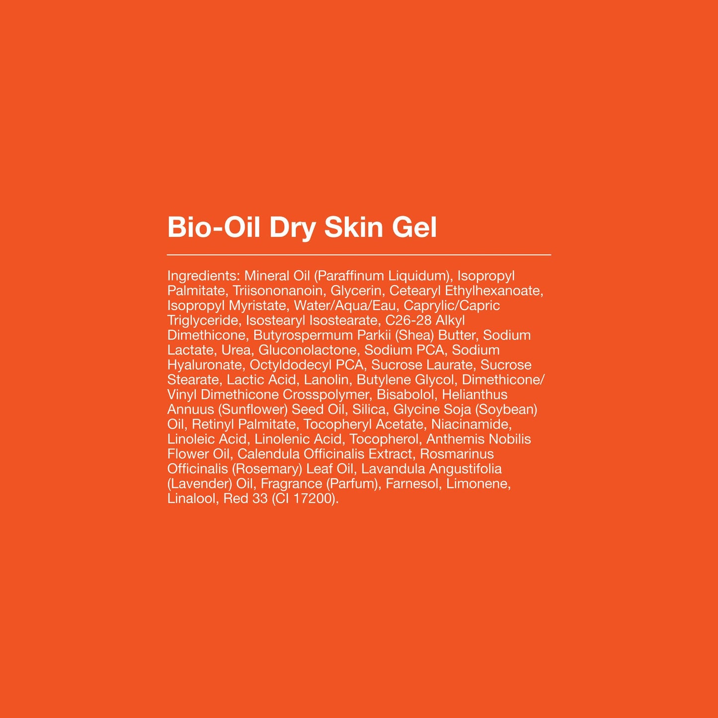 Bio-Oil personal care dry skin emollient gel showcasing the safety seal and volume information