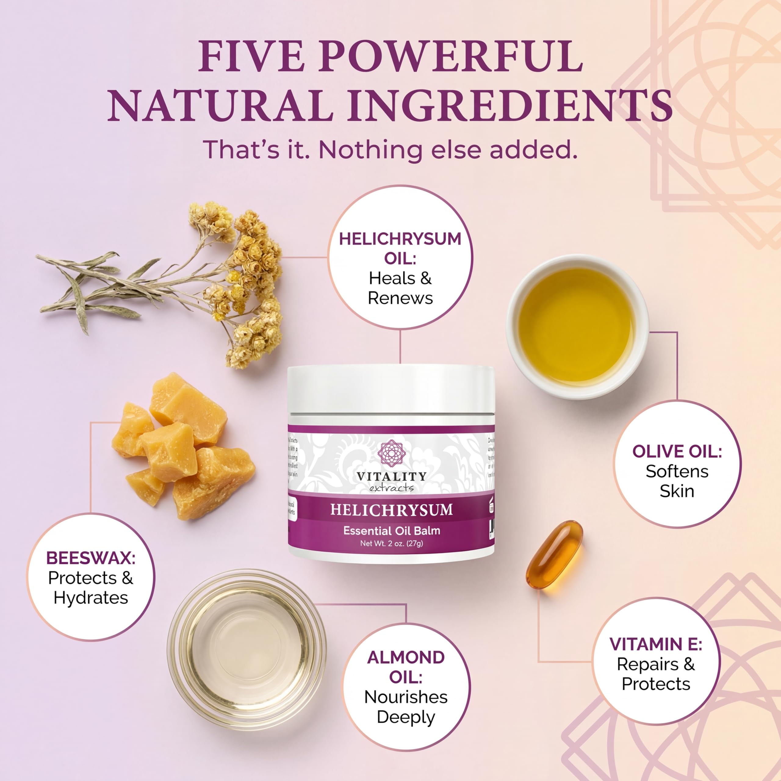 Vitality Extracts Helichrysum Balm open jar showing natural yellow beeswax texture