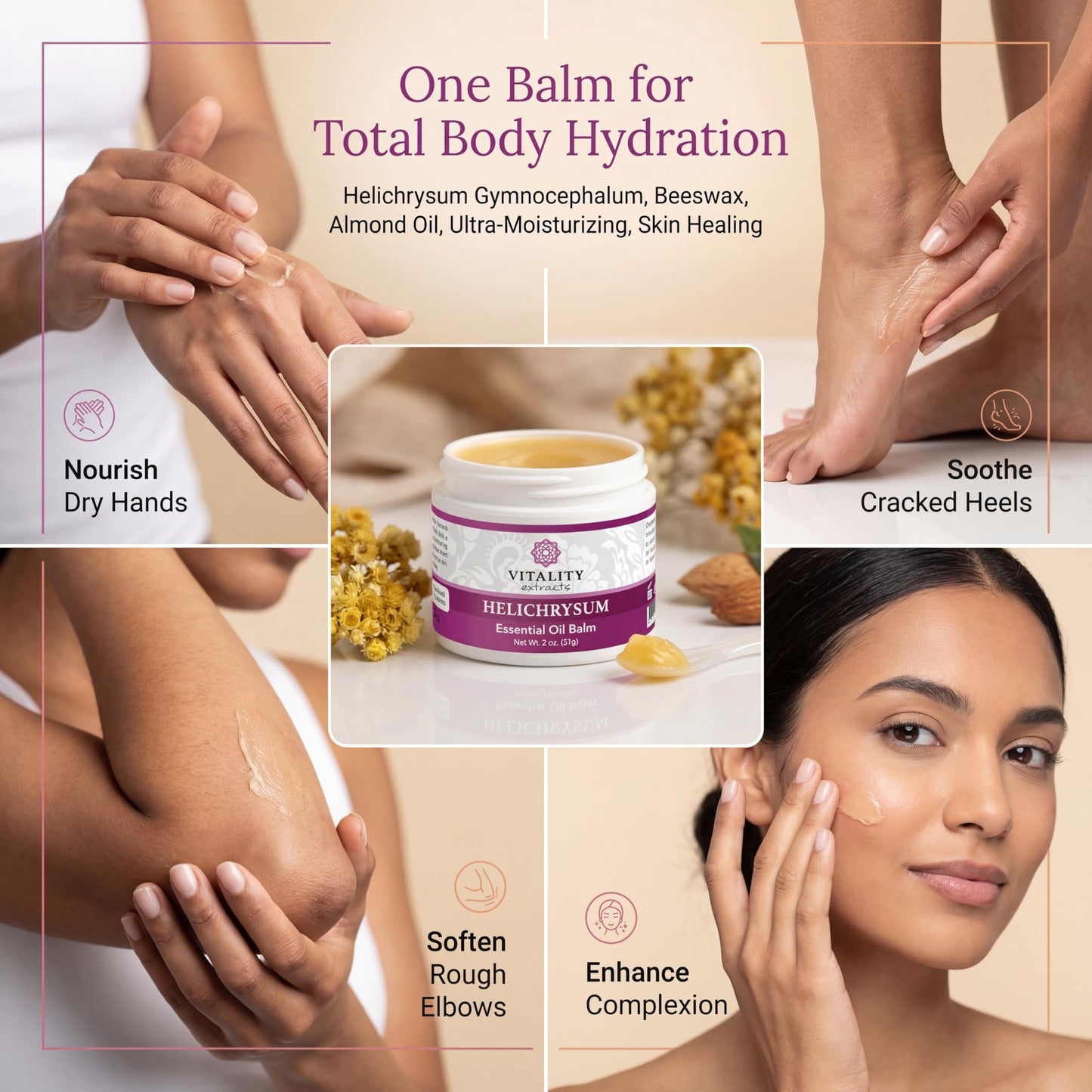 Vitality Extracts Helichrysum Balm 2 Ounce container on a neutral background