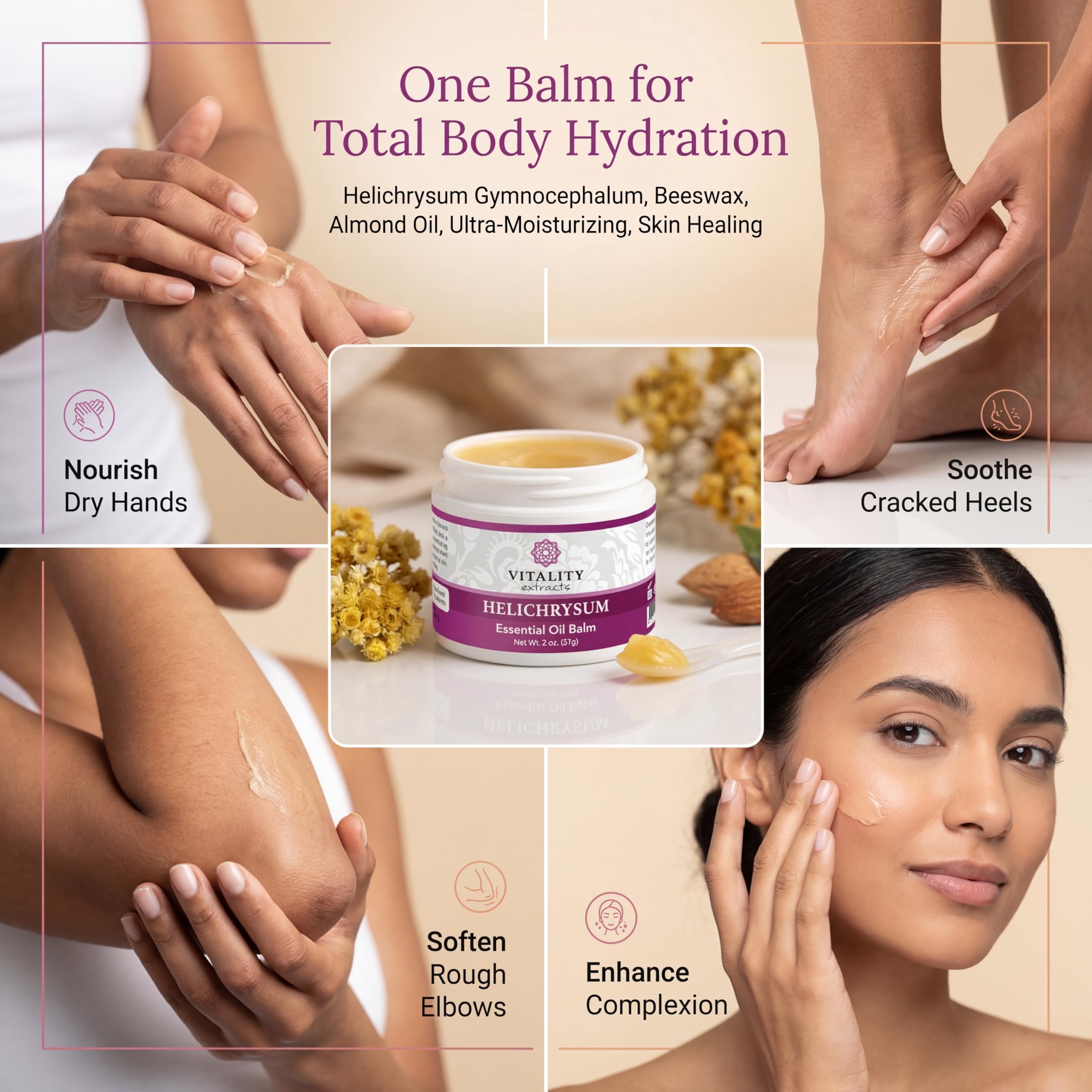 Vitality Extracts Helichrysum Balm 2 Ounce container on a neutral background