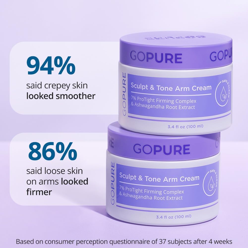 goPure arm tightening cream jar opened showing the smooth hydrating formula texture inside.