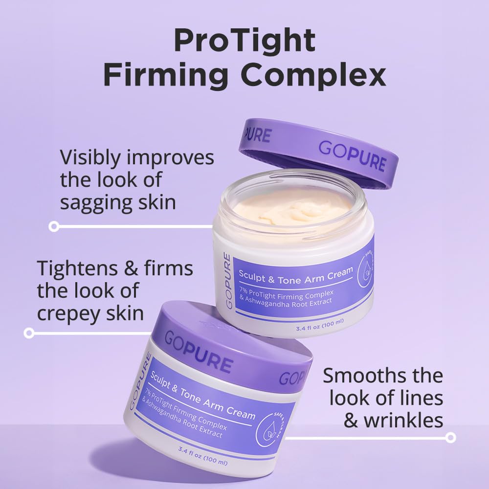 Side angle view of the 3.4 fluid ounce goPure upper arm sculpting cream container.