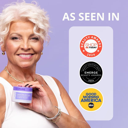 Authentic USA imported goPure body firming skincare box packaging showing product benefits.