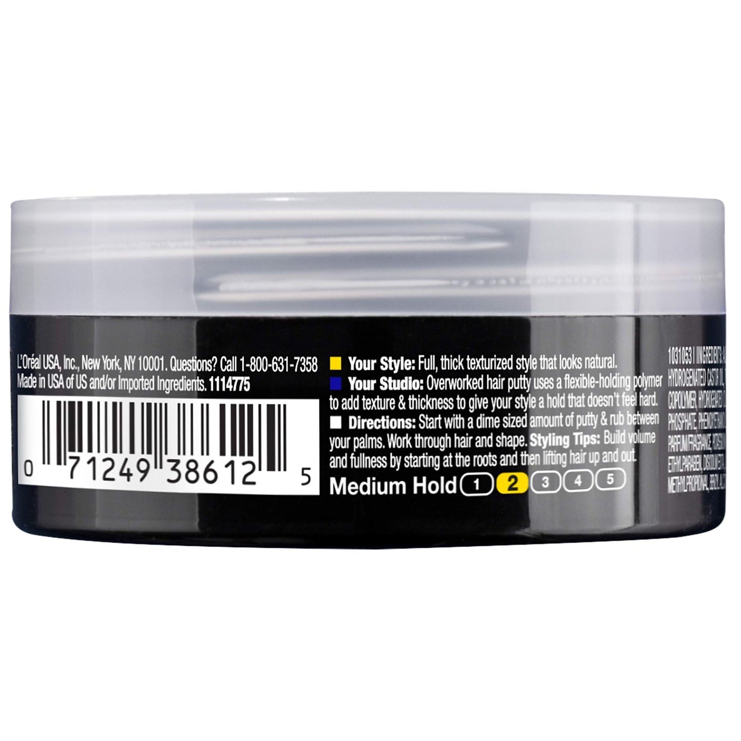 L'Oreal Overworked Hair Putty 1.7 Ounce jar side profile
