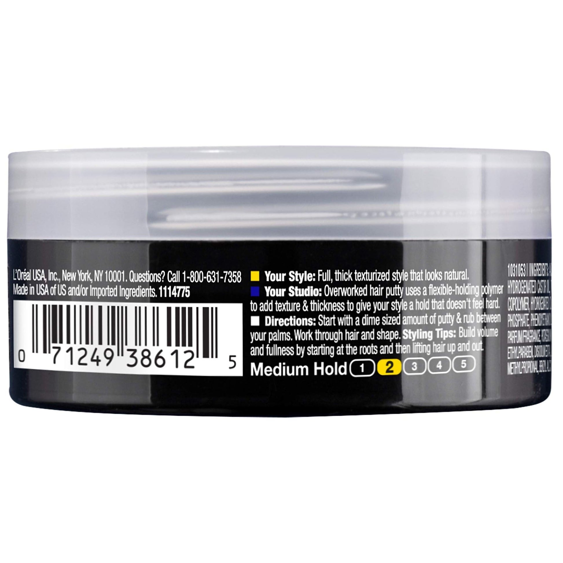 L'Oreal Overworked Hair Putty 1.7 Ounce jar side profile