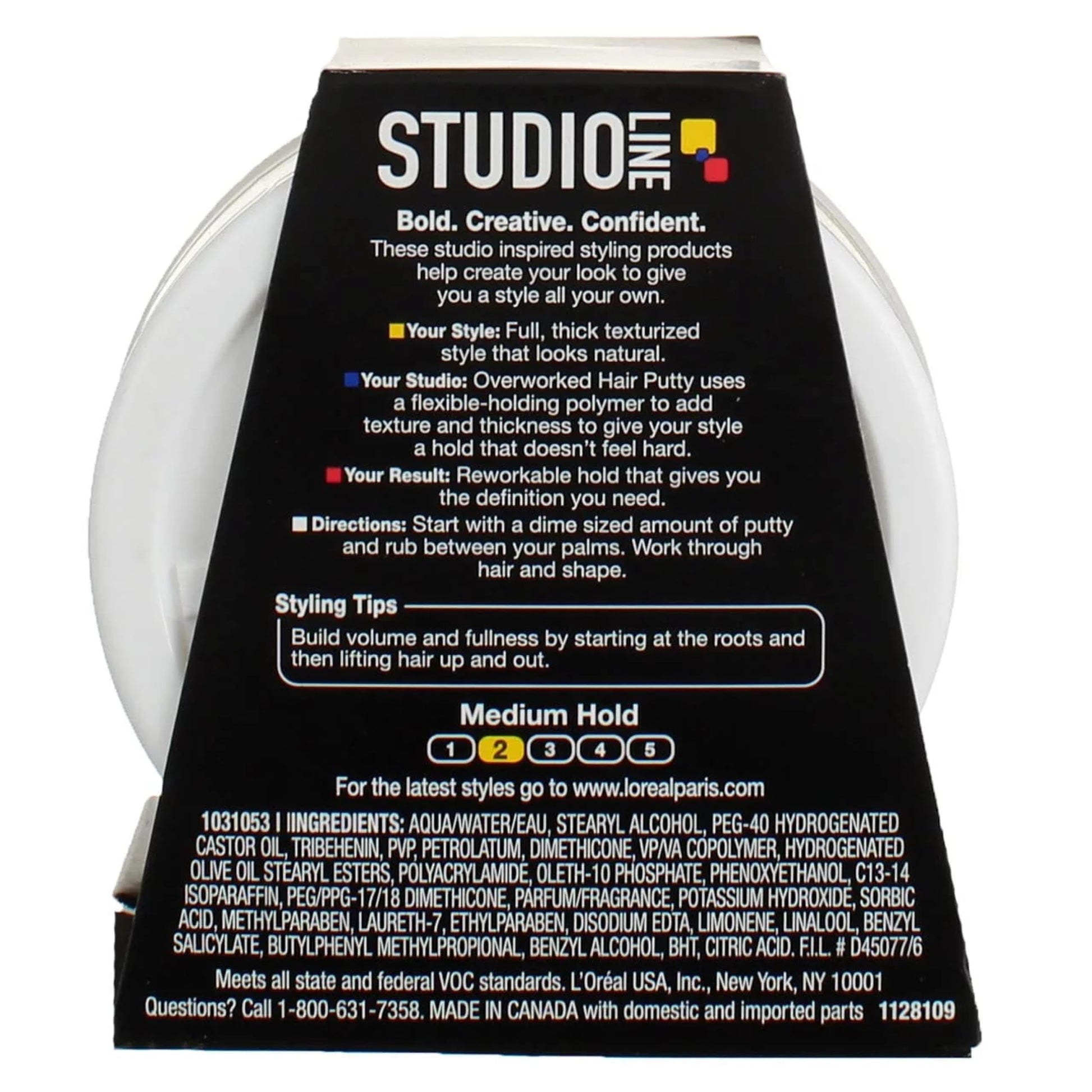 Close up of L'Oreal hair putty ingredients and label details