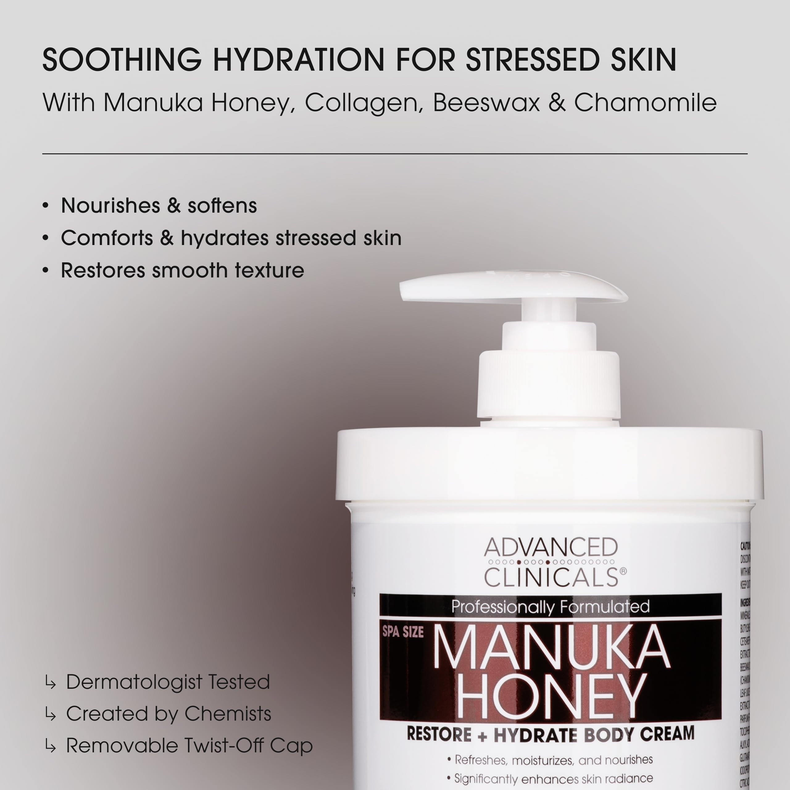 Advanced Clinicals Manuka Honey Restore and Hydrate Cream side packaging details