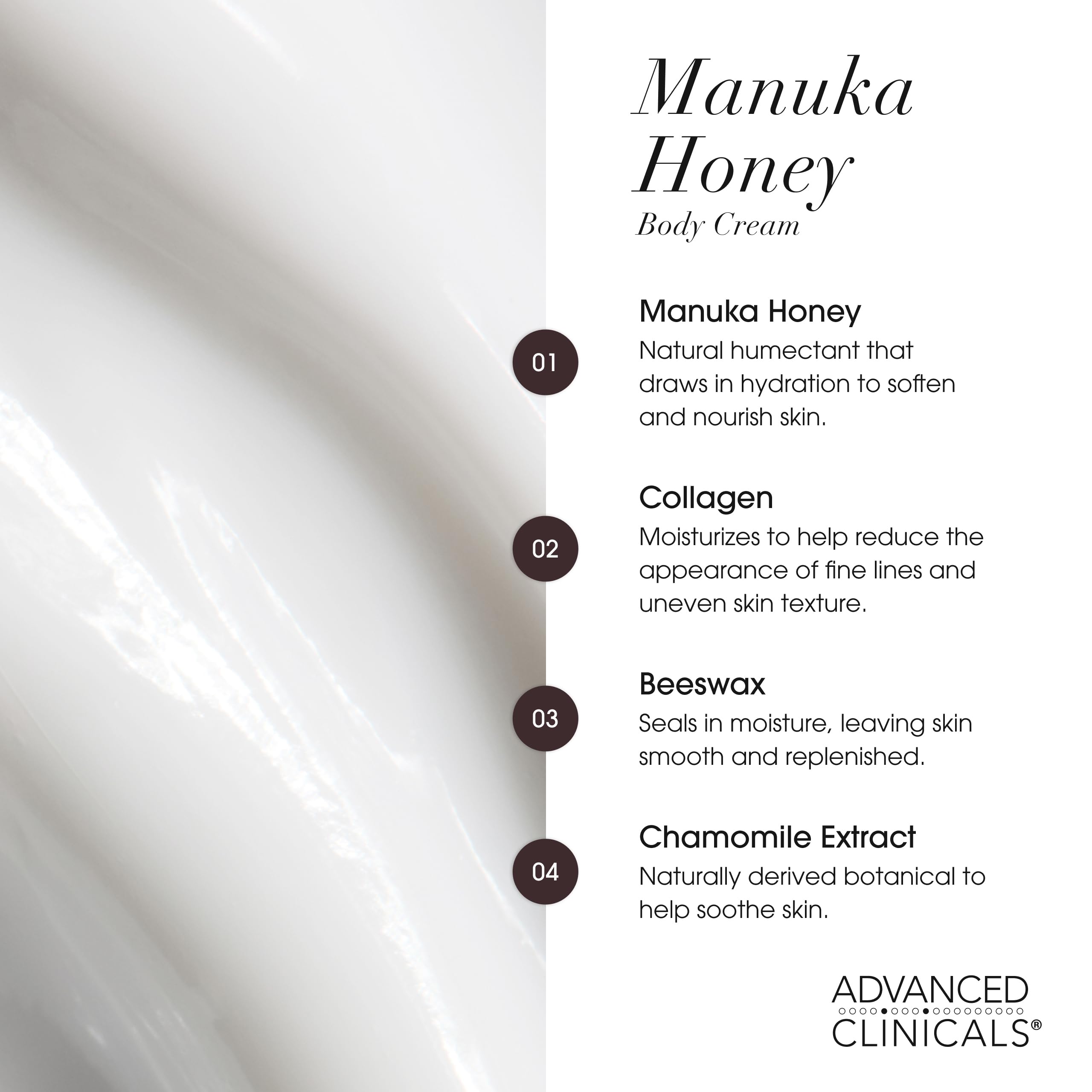 Advanced Clinicals Manuka Honey and Collagen cream label closeup with ingredients