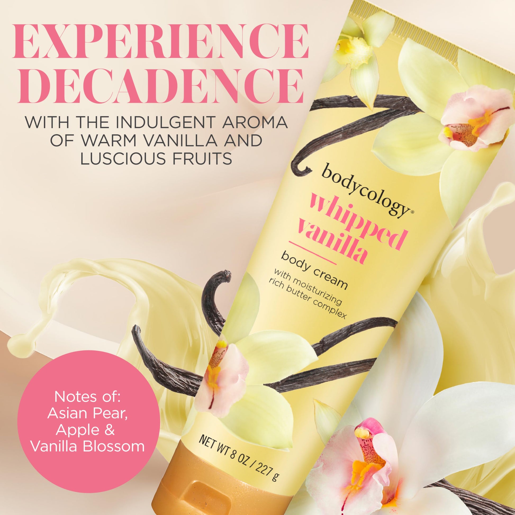 Bodycology Whipped Vanilla moisturizing cream tube showing product details and rich butter ingredients