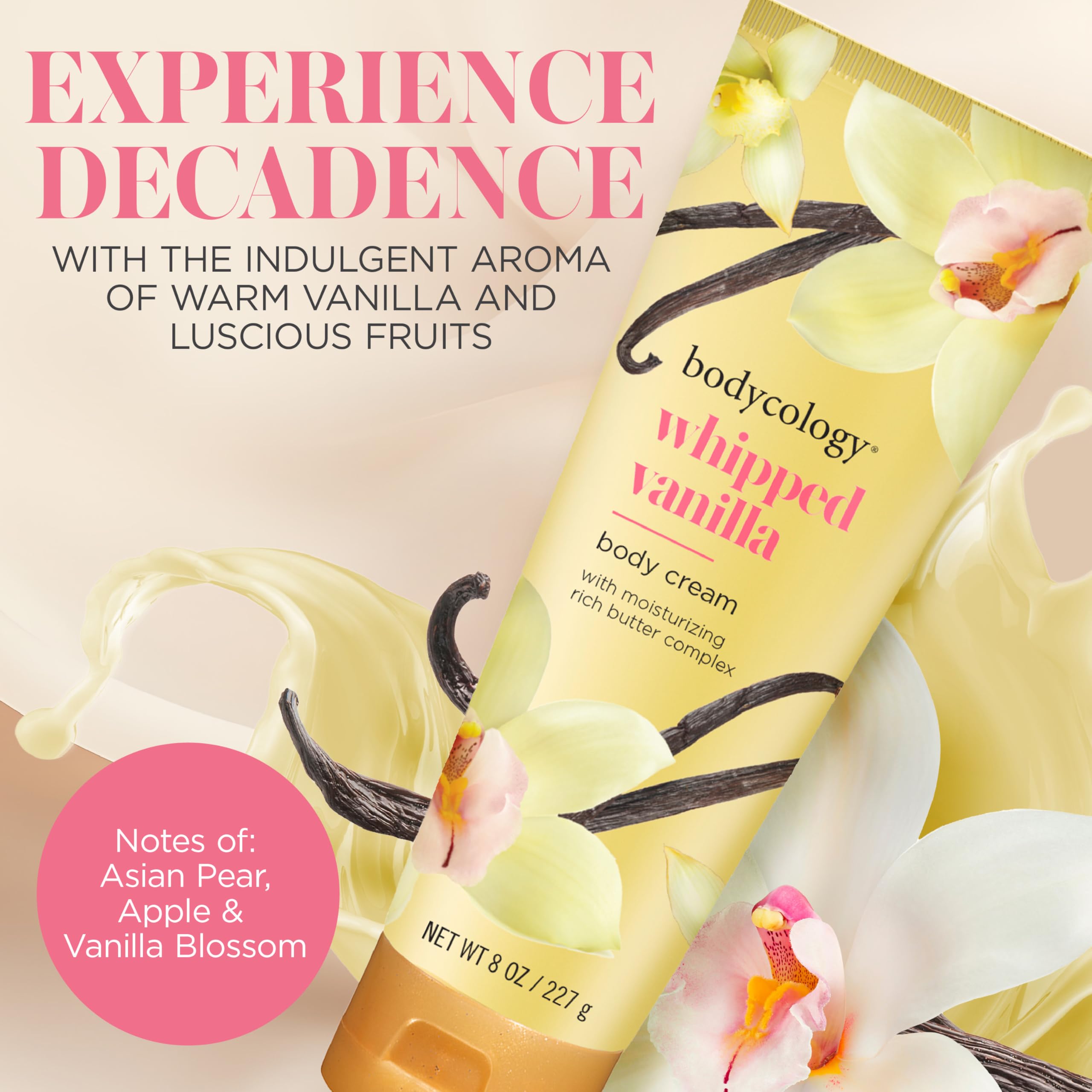 Bodycology Whipped Vanilla moisturizing cream tube showing product details and rich butter ingredients