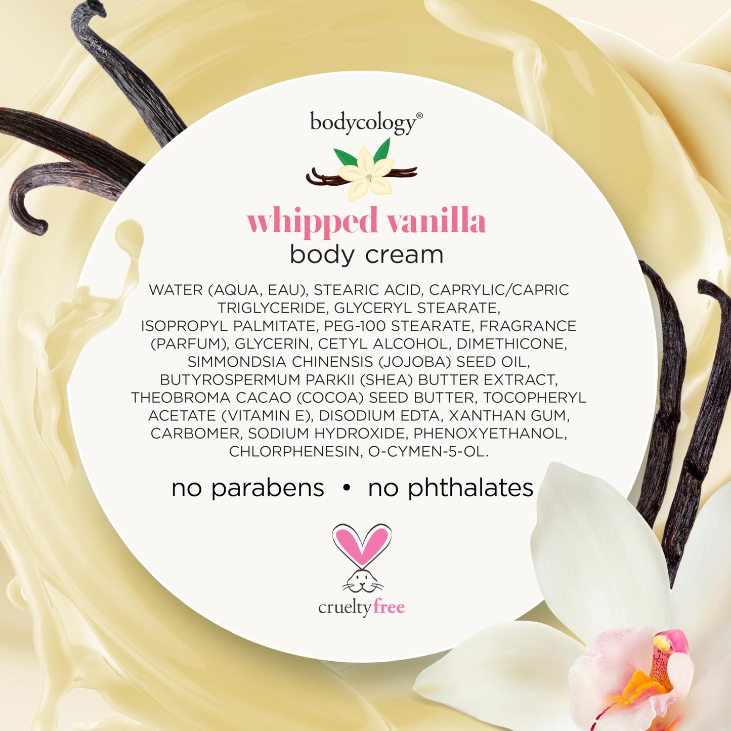 Texture shot or application view of the non greasy Bodycology vanilla cream