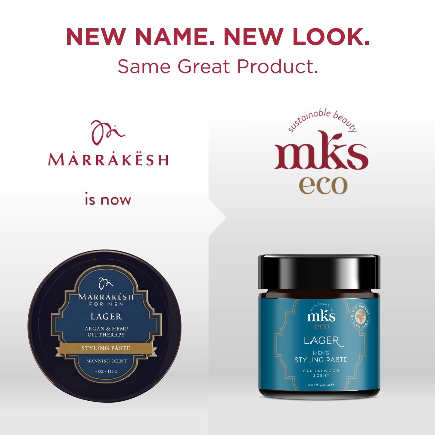 MKS Eco Men styling paste jar showing Argan and Hemp seed oil benefits