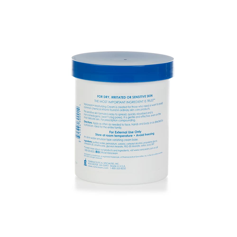 Vanicream moisturizing body cream 16 ounce jar showing dermatological safety seals