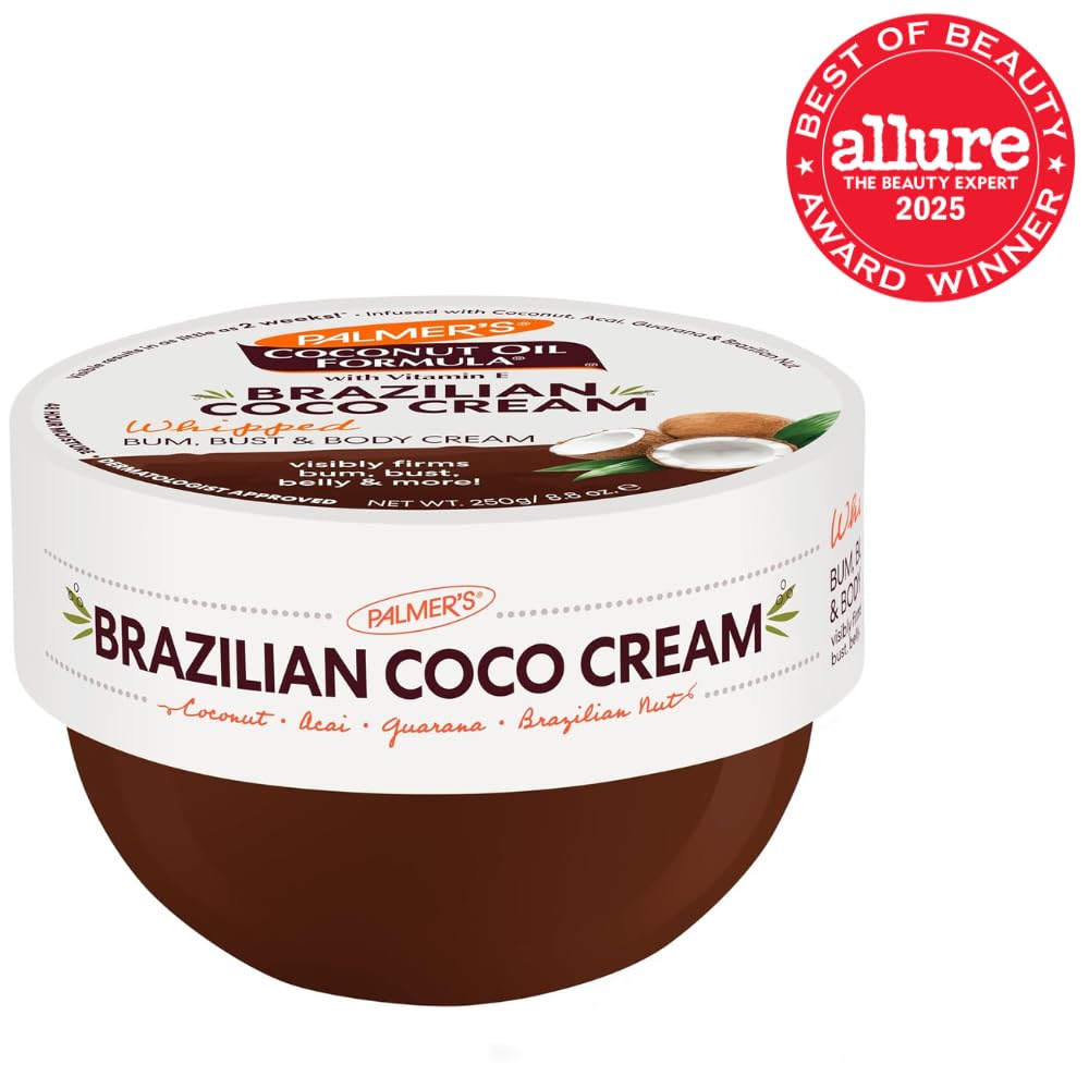 Palmer's Brazilian Coco Whipped Bum Bust and Body Cream packaging highlighting vitamin E and firming benefits.