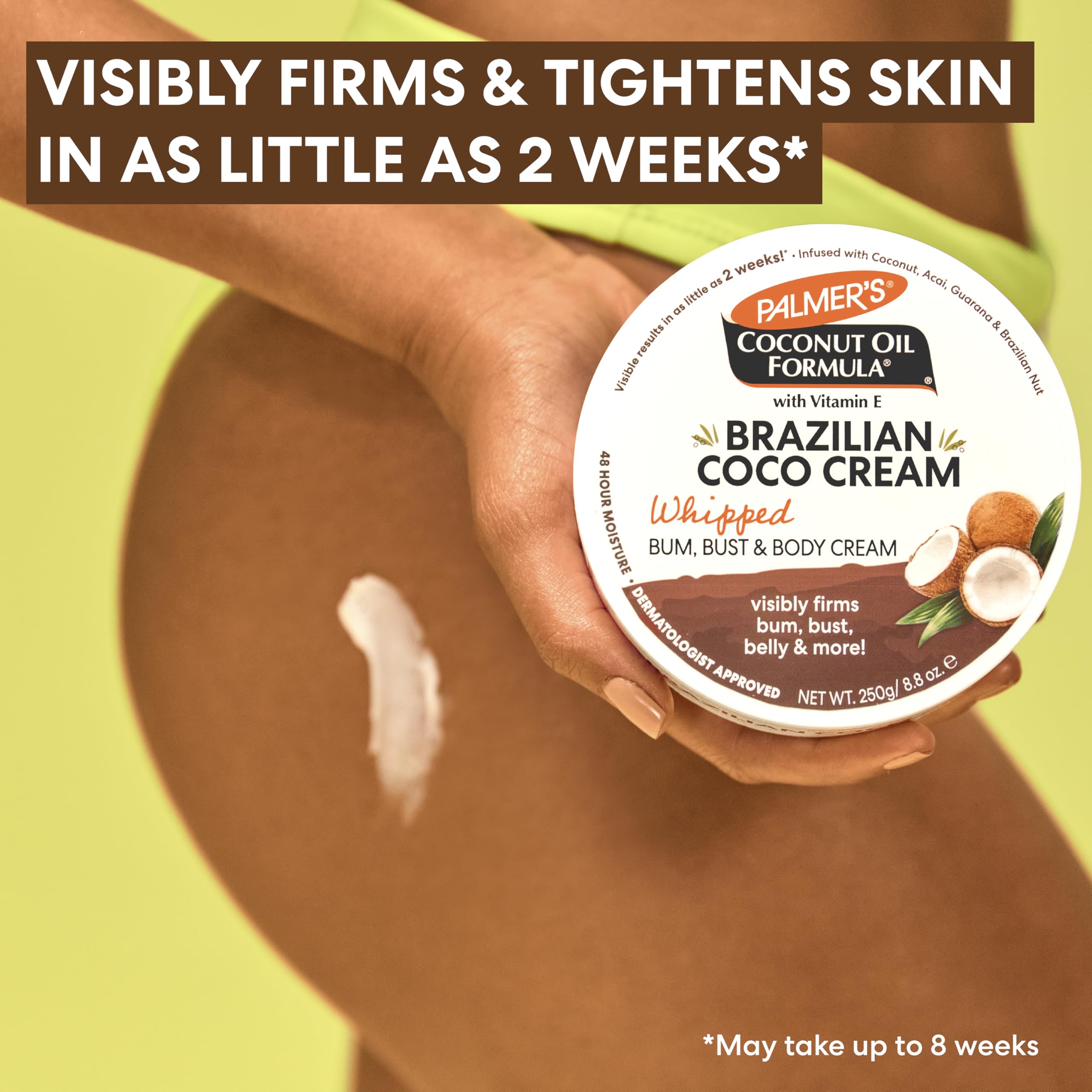 Back label of Palmer's Brazilian Coco Cream detailing directions for skin tightening and target body areas.