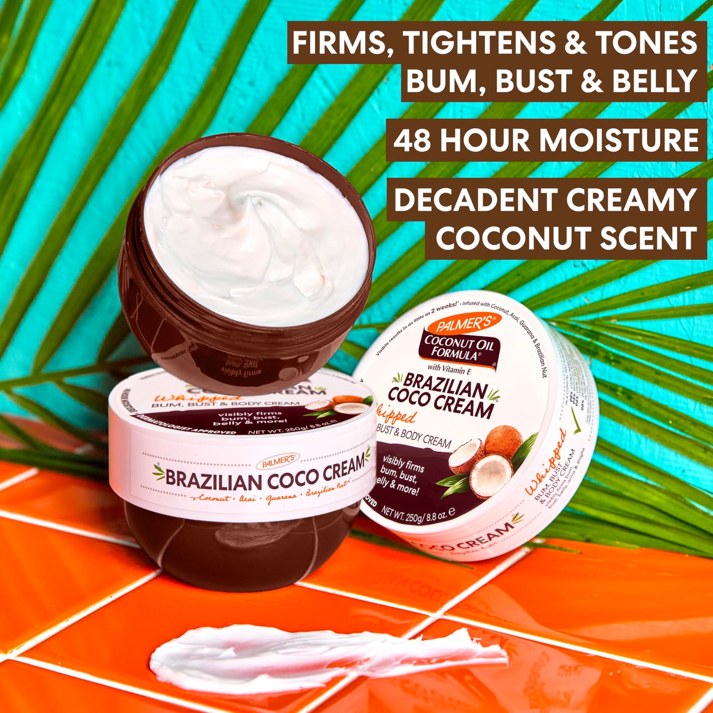 Close up of Palmer's Coconut Oil Formula jar showing ingredients like guarana and acai for cellulite reduction.