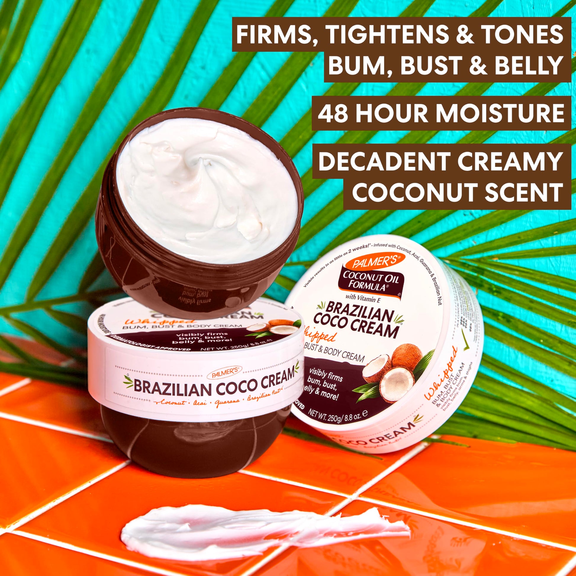 Close up of Palmer's Coconut Oil Formula jar showing ingredients like guarana and acai for cellulite reduction.