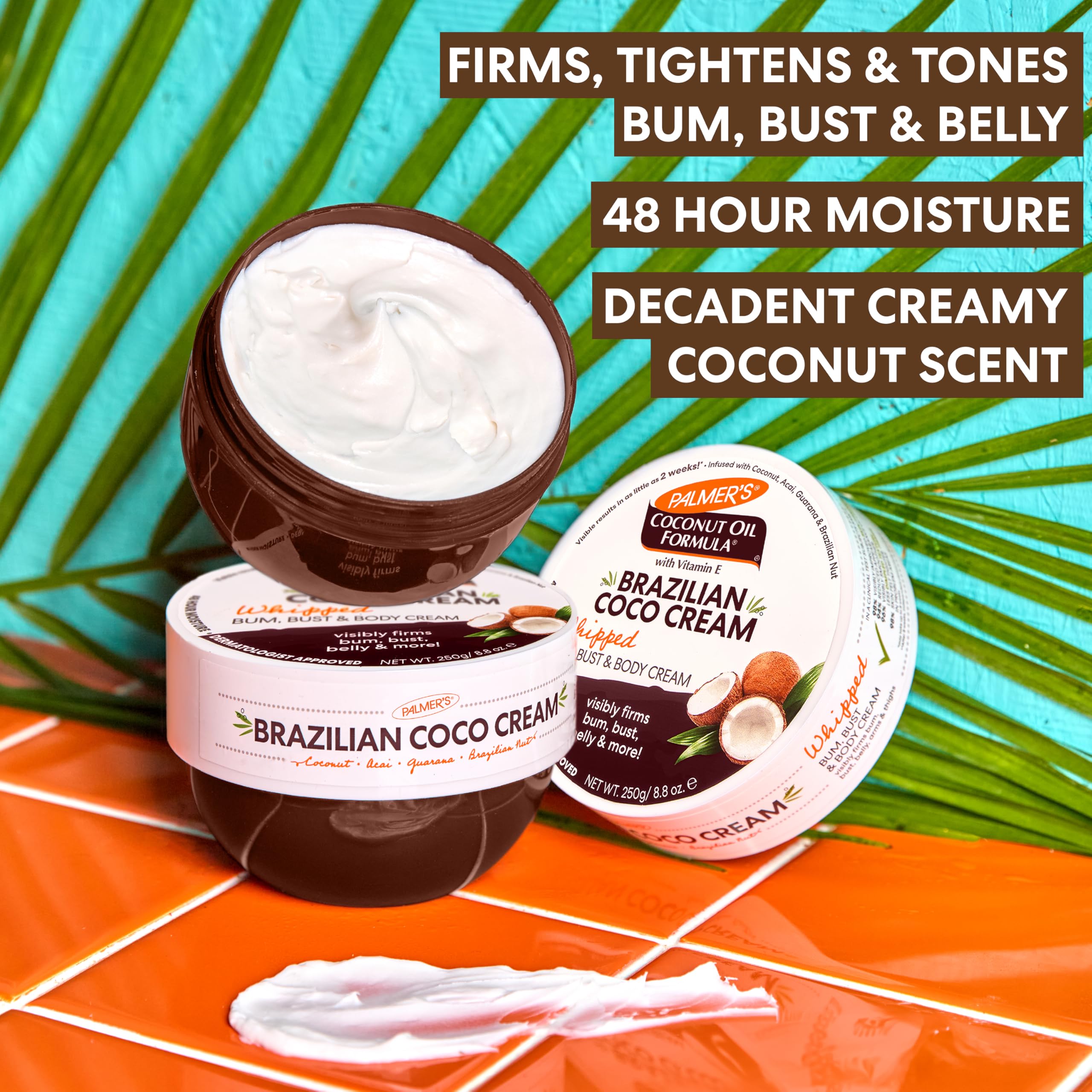 Close up of Palmer's Coconut Oil Formula jar showing ingredients like guarana and acai for cellulite reduction.