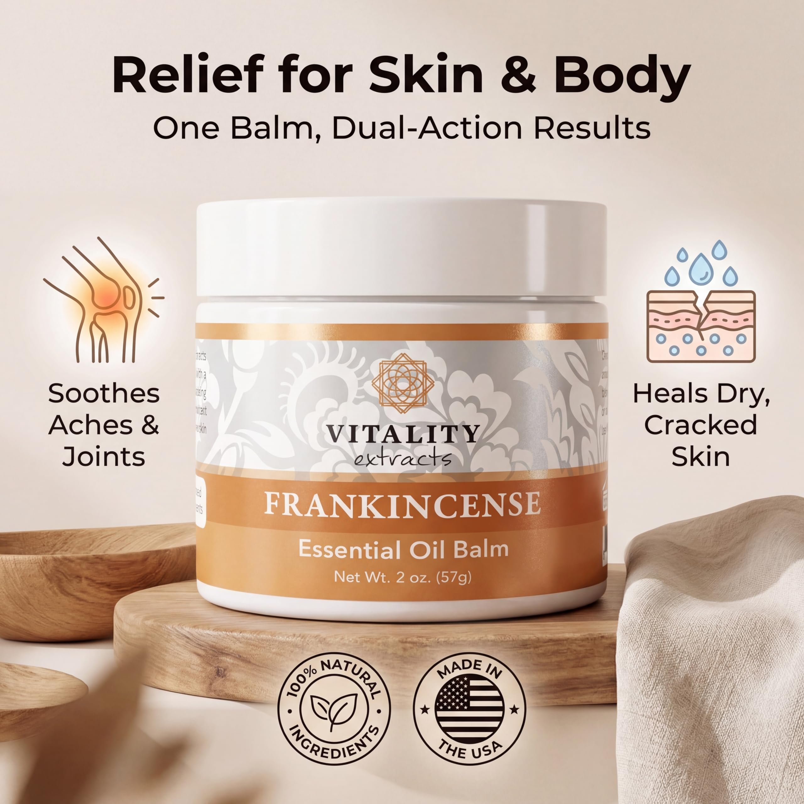Vitality Extracts Frankincense Balm showing natural skincare ingredients list