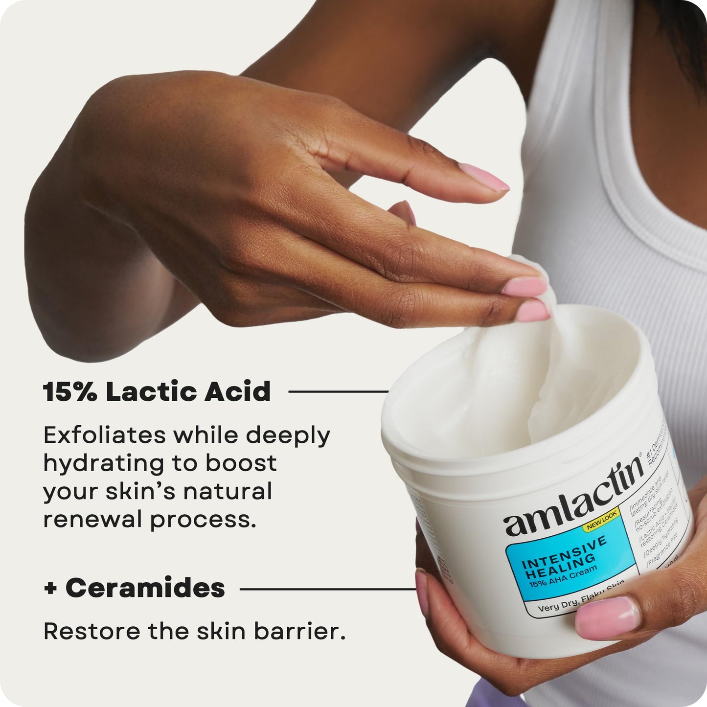 Dermatologist recommended AmLactin intensive healing tub showcasing the ceramide complex benefit text for dry skin care.