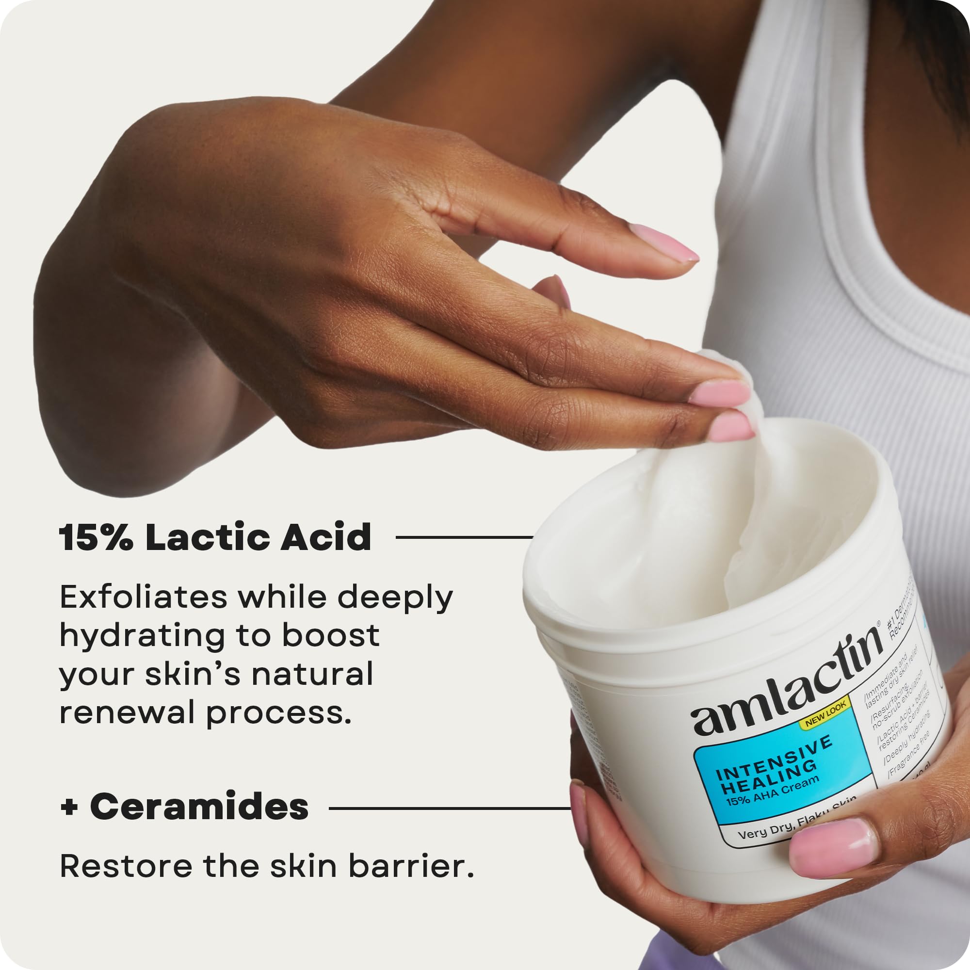 Dermatologist recommended AmLactin intensive healing tub showcasing the ceramide complex benefit text for dry skin care.