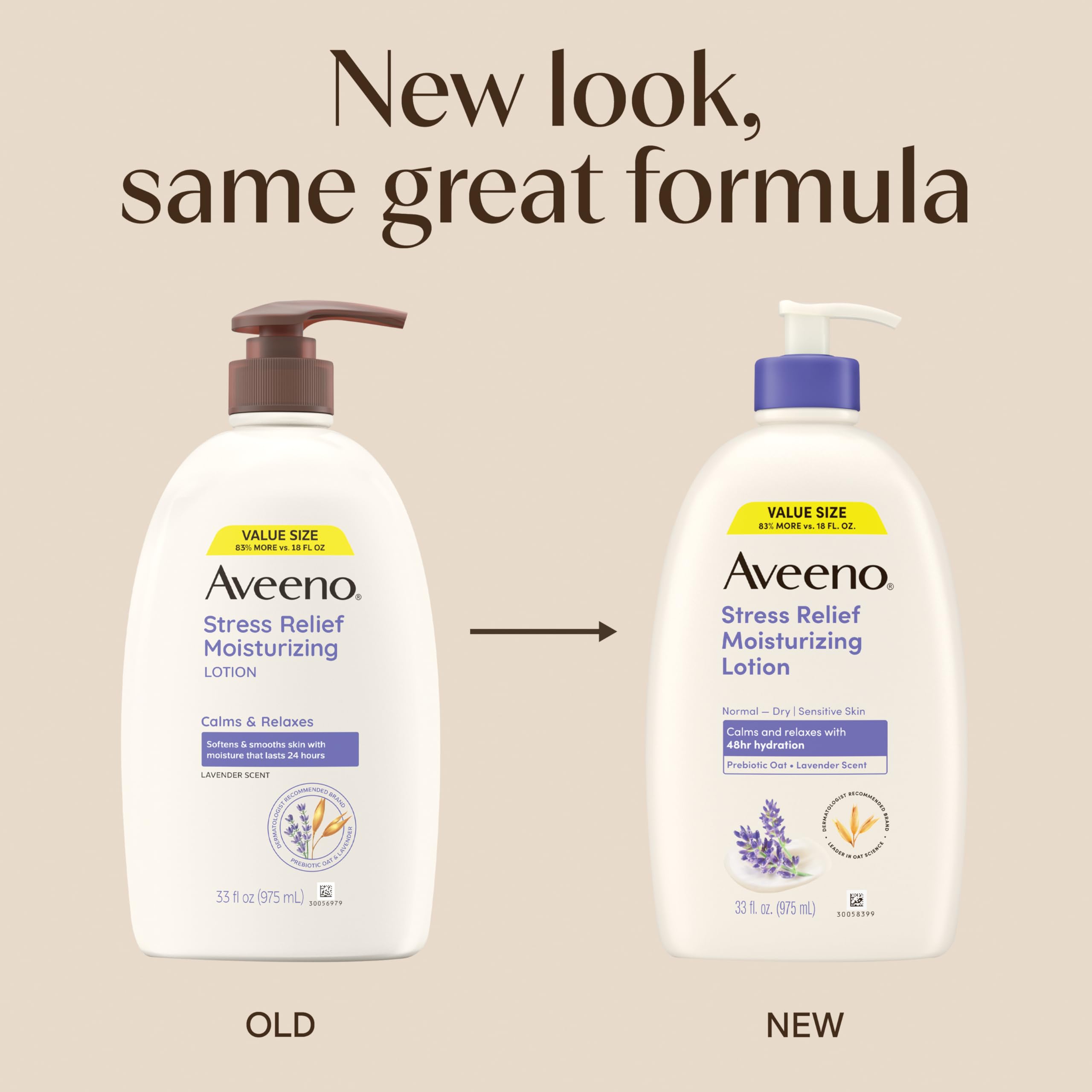 Authentic Aveeno calming lavender and prebiotic oat body lotion for sensitive skin care.
