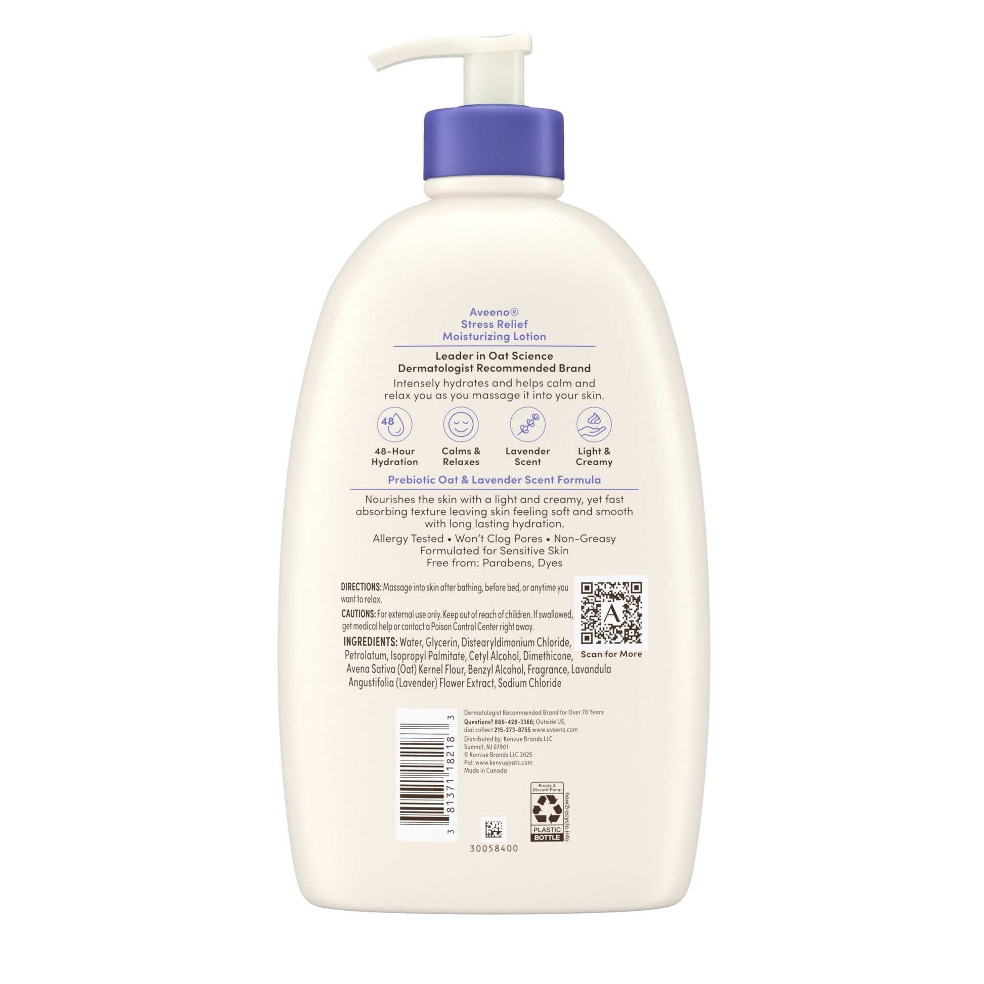 USA imported Aveeno stress relief body lotion highlighting the lavender, chamomile, and ylang ylang formulation.