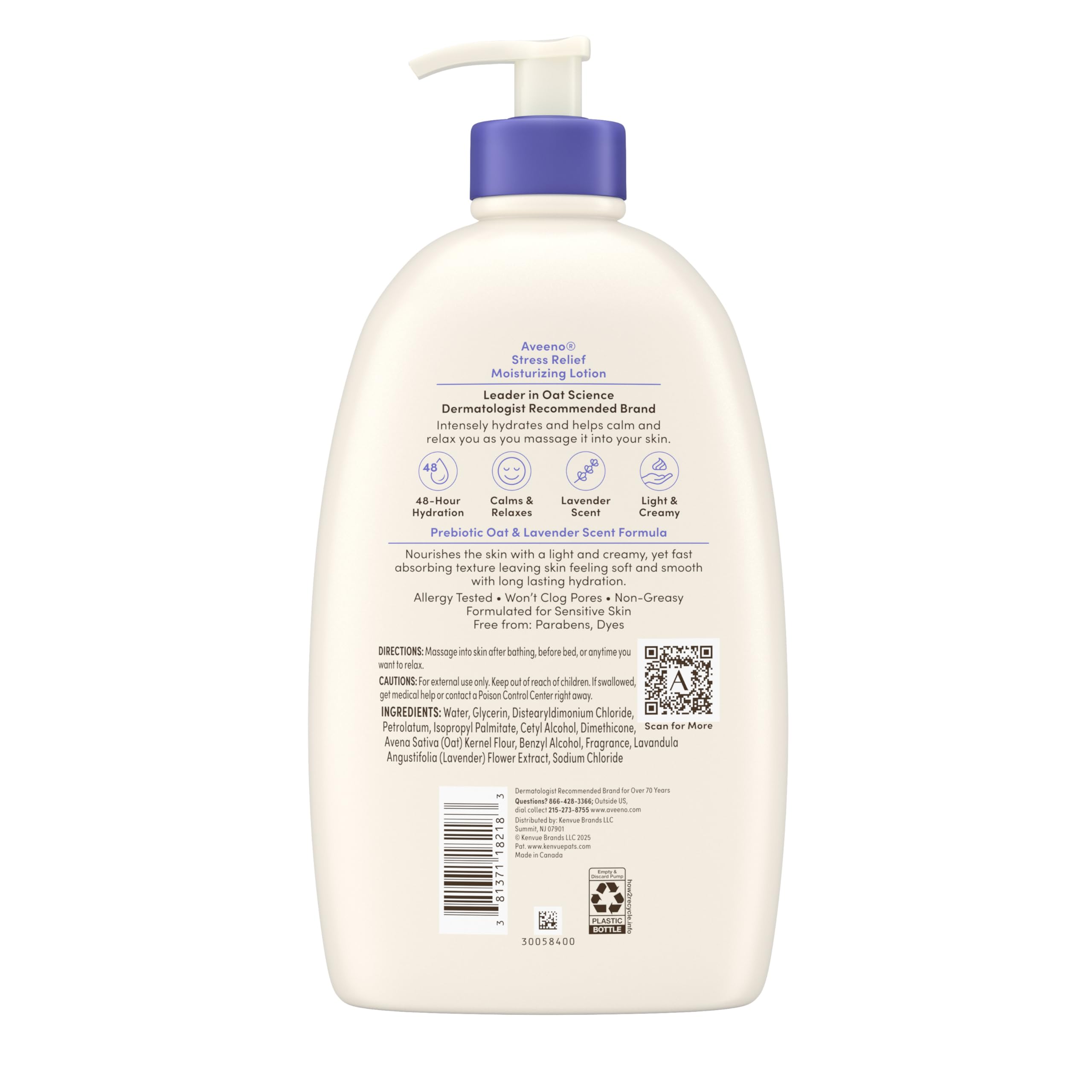 USA imported Aveeno stress relief body lotion highlighting the lavender, chamomile, and ylang ylang formulation.