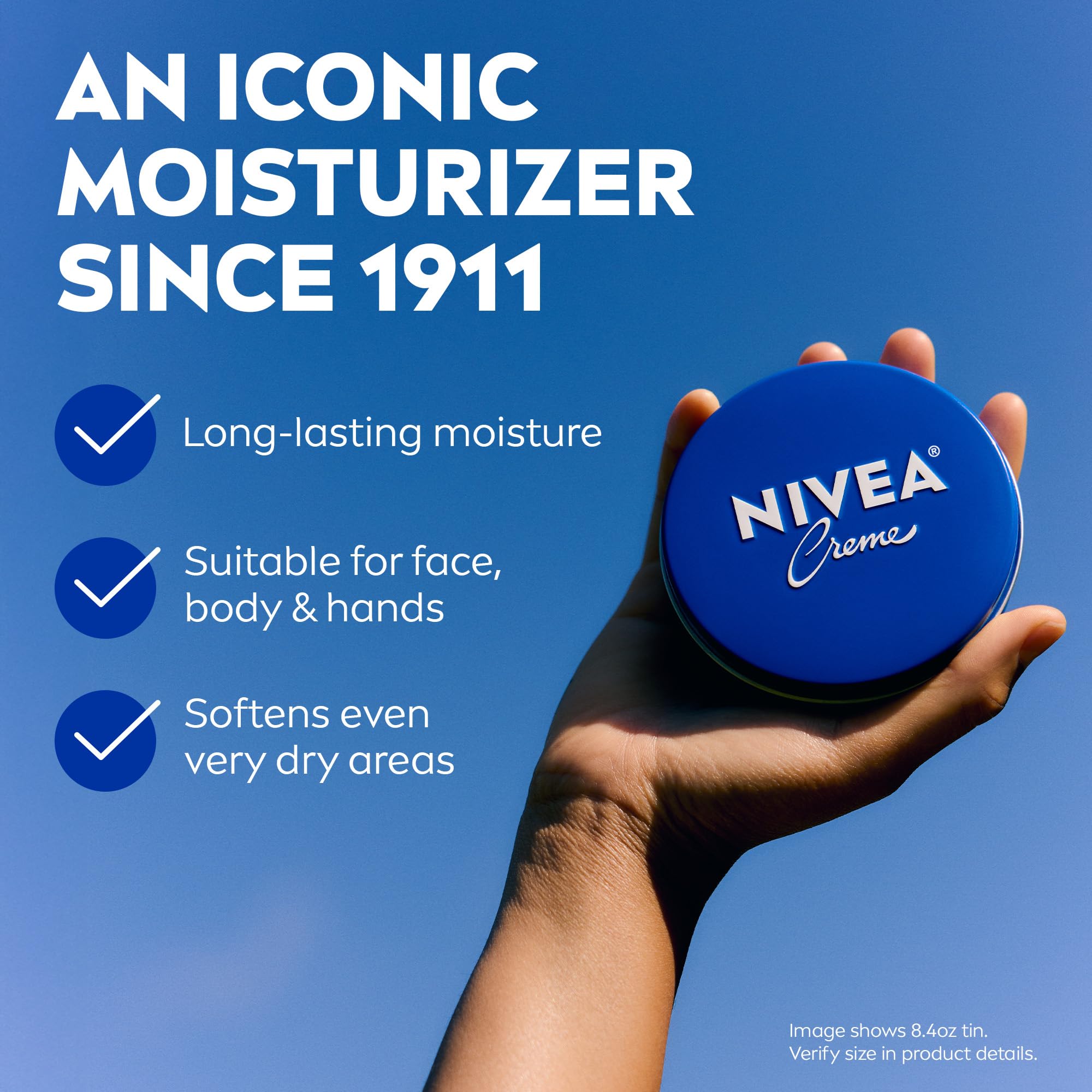 NIVEA rich moisturizing cream tin showing product depth and weight details